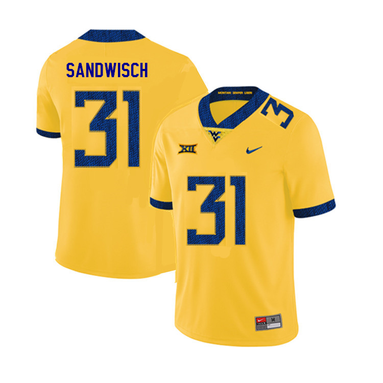 2019 Men #31 Zach Sandwisch West Virginia Mountaineers College Football Jerseys Sale-Yellow - Click Image to Close